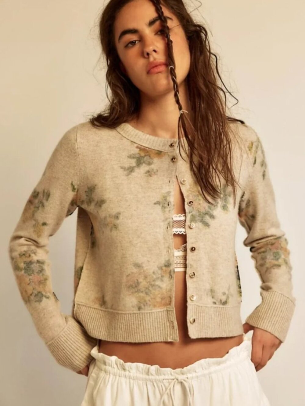 Free People Nocturnal Wool Cashmere Cardigan Sweater Oat Floral Small
